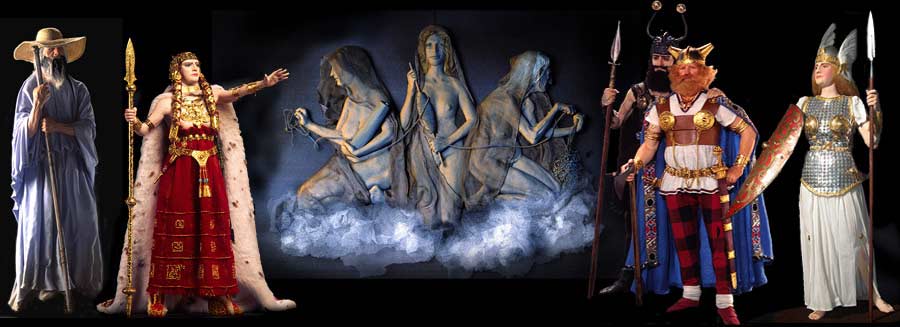 Image: Wotan as Wonderer, Brunhild as Shield maiden, Die Norns, Gunter, Hagen, Brunhild as Valkyrie.