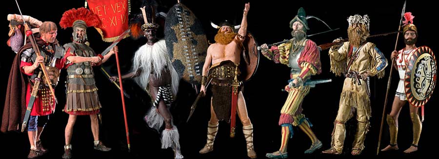 Image: Roman Centurion, Roman Legionary, Zulu Warrior, Boltar, Landsknecht, Mountain Man and Hoplite.